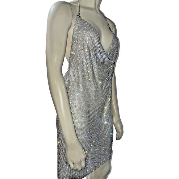 Bronx & Banco Dress Silver Rhinestone Cowl Halter Sheer Mini Backless Size S - Picture 1 of 16